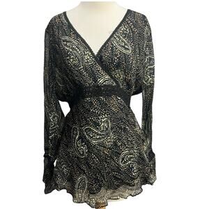 ICE Y2K Babydoll Top Womens L Black Silk Abstract Paisley Lined Boho Whimsygoth